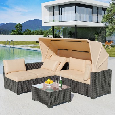 Patio Furniture Sets 6 Pieces, PE Rattan Daybed with Retractable Canopy& Adjustable Backrest Outdoor Sectional Furniture with Glass Coffee Table