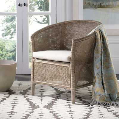Transitional Whitewashed Rattan Armchair with Off-White Linen Cushion