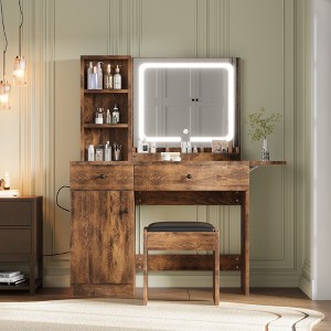 Makeup Vanity Desk with Mirror and Lights, Vanity Table Set with Drawer＆ Chair & 3 Shelves, Bedroom, Brown - 1 of 4