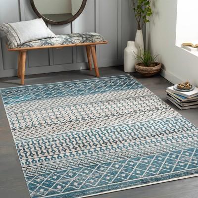 Blue Geometric Washable Round Synthetic Rug