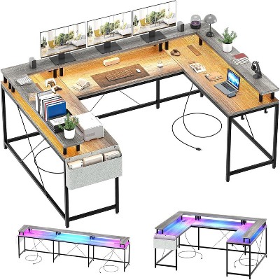 U Shaped Home Office Desk, Reversible L Shaped Gaming Computer Desk With Power Outlets,126 Inch Computer Desk With Monitor Stand （Grey Oak）