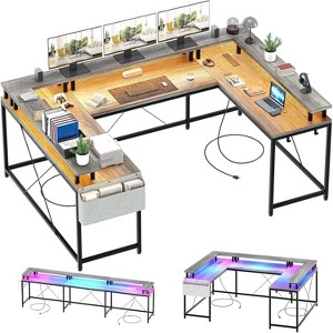 U Shaped Home Office Desk, Reversible L Shaped Gaming Computer Desk With Power Outlets,126 Inch Computer Desk With Monitor Stand （Grey Oak） - 1 of 4
