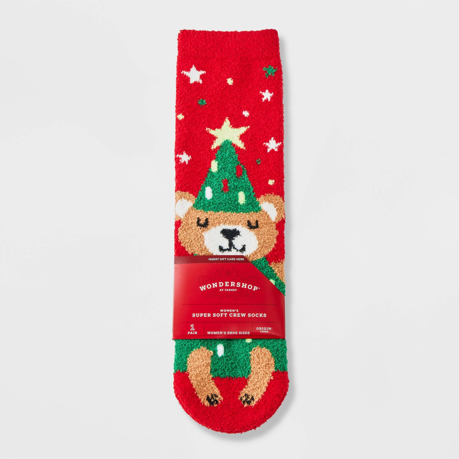 Women's Christmas Tree Bear Cozy Crew Socks with Gift Card Holder - Wondershop™ Red/Green/Tan 4-10