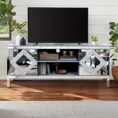 VYNXARIA Mirrored TV Stand for 65+ Inch TV - Elegant Silver Console with Storage
