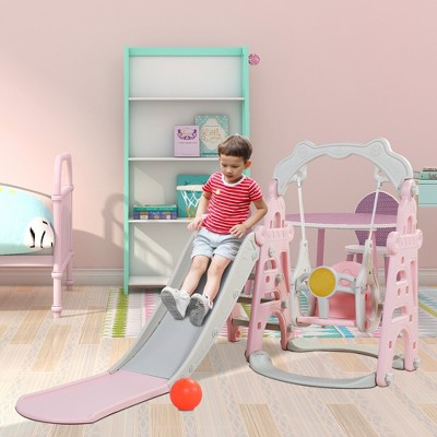 Infurnic Baby Activity Gyms 3-in-1 Kids Fun Play Set, Slide, Swing and Basketball Hoop in One, Multicolored, 25"*31.5"*41.5"
