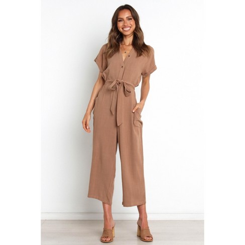 Allegra K Women's Short Sleeve Collared Cropped Coverall Button Down Tie  Waist Cotton Cargo Jumpsuit Khaki X-Small