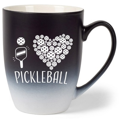 Elanze Designs I Heart Pickleball Two Toned Ombre Matte Black and White 12 ounce Ceramic Stoneware Coffee Cup Mug