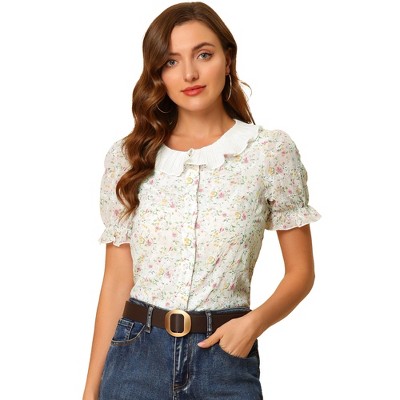 Allegra K Women's Vintage Floral Blouse Ruffle Puff Sleeve Casual Peasant Tops