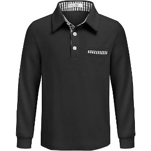Arshiner Boy's Long Sleeve Plaid Trim Polo Shirt School Uniform Shirt with Pocket - 1 of 4