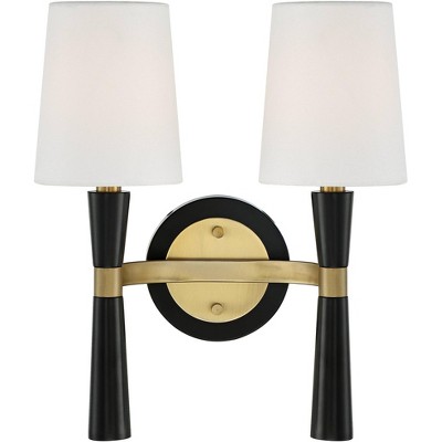 Possini Euro Design Modern Wall Light Sconce Warm Gold Black Hardwired 14 1/2" High 2-Light Fixture White Linen Bedroom Bathroom