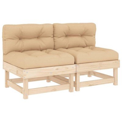 vidaXL Brown Natural Pine Wooden Mid Sofas with Beige Cushions, 2 pcs