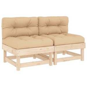 vidaXL Brown Natural Pine Wooden Mid Sofas with Beige Cushions, 2 pcs - 1 of 4