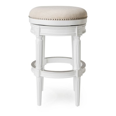 Alabaster White Swivel Backless Bar Stool with Hand-Carved Wood