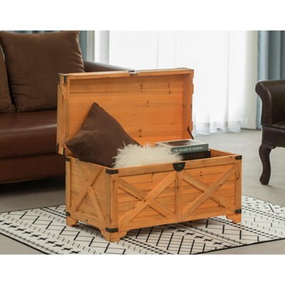 Large Natural Wood Farmhouse Storage Trunk Chest with Hinged Lid