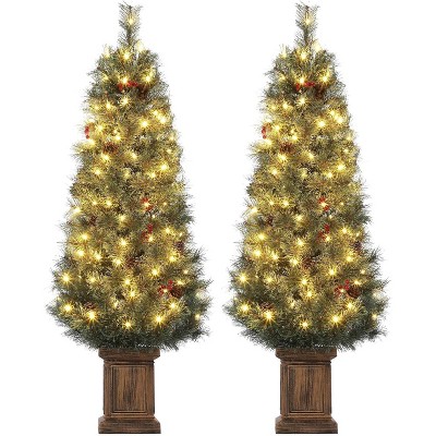 2 pcs Prelit Christmas Tree,4.5ft Artificial Xmas Tree with LED Lights, Small Christmas Trees with Potted Base,Easy Storage, for Home Pation Decor