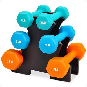 BalanceFrom Fitness 3 Pair Neoprene Coated Hexagon Shaped Dumbbell Set with 3, 5, and 8 Pound Hand Weights, Weight Stand, and Assembly Tool - 1 of 4