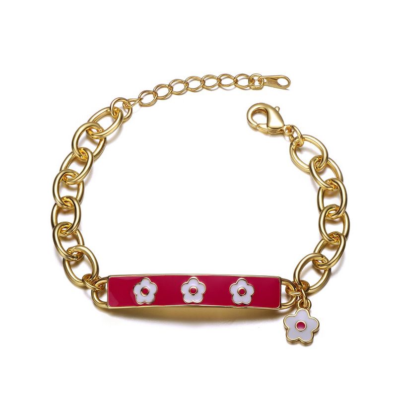 14k Yellow Gold Plated Bar Bracelet with Hot Pink Enamel and a Flower Charm for Kids, 1 of 3