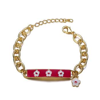 14k Yellow Gold Plated Bar Bracelet with Hot Pink Enamel and a Flower Charm for Kids