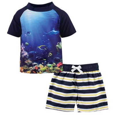 Hudson Baby Infant Boy Swim Rashguard Set, Boy Coral Reef