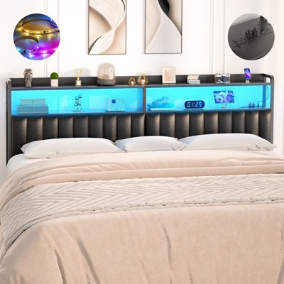 Besiost Upholstered Headboard with LED Light, Height Adjustable Headboards with Storage and Outlets