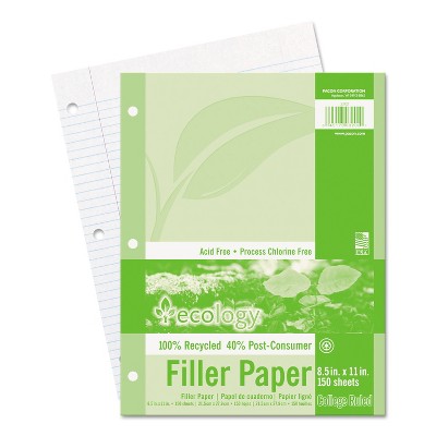 Pacon Ecology Filler Paper 8-1/2 x 11 College Ruled 3-Hole Punch WE 150 Sheets/PK 3202