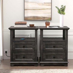 Dyonery Farmhouse Nightstand 18" Blue End Table 2-piece with Charging Station 2 Drawers Storage Open Shelf, for Bedroom, Living Room, White - 1 of 4