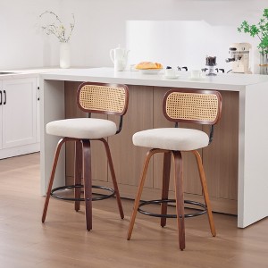 Gulches Set of 2 26 Inch Counter Height Bar Stools Walnut Black Cane Rattan Back Beige Linen Seat 360 Swivel for Kitchen Island Bar - 1 of 4