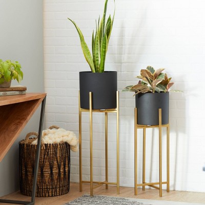 Set of 2 Black and Gold Metal Planters with Stands