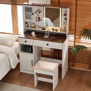 Farmhouse Makeup Vanity Desk with Mirror and Lights,Dressing Table Set with Charging Station and Stool,Drawers,Shelves and Side Cabinet,White - 1 of 4