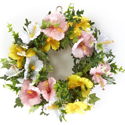 Lakeside Lighted Faux Hibiscus Wreath - Battery Powered Hanging Floral Accent