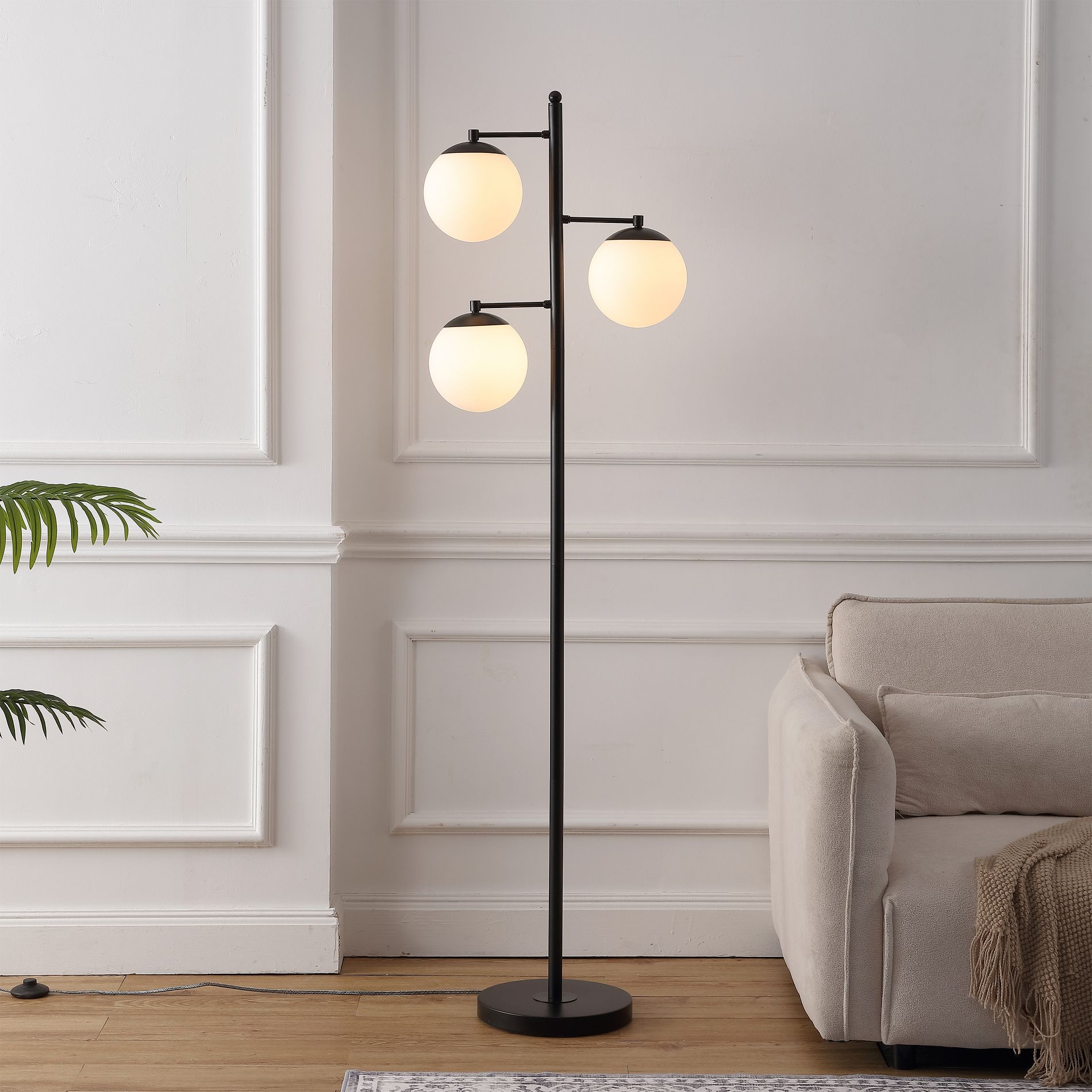 JONATHAN Y Ellie 66" 3-Light Mid-Century Modern Metal LED Floor Lamp with Triple Frosted Globe Shades, Black/White