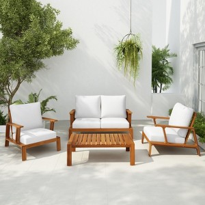 Scott Living Doris 4 Piece Outdoor Rustic Slat Design Acacia Wood Upholstered Seating Set - 1 of 4