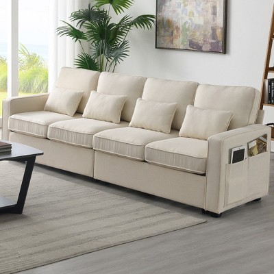 JUJABU 104" Modern 4-Seater Linen Fabric Sofa with Armrest Storage Pockets and 4 Matching Pillows – Minimalist Style for Living Room