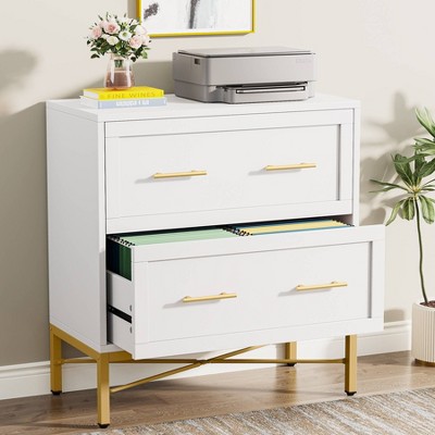 LITTLE TREE Modern Lateral File Cabinet with 2 Drawer for Home Office White/Gold