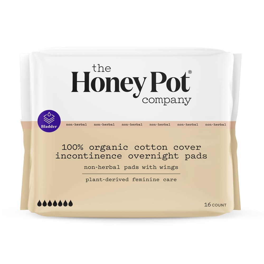 The Honey Pot Company, Non-Herbal Overnight Incontinence Pads with Wings, Organic Cotton Cover - 16ct