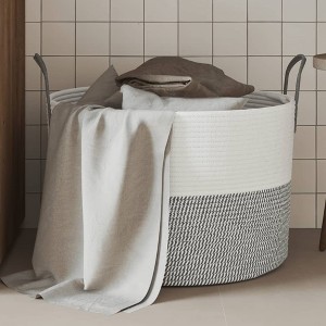 Aghana Digitals Round Grey Cotton Storage Basket with Handles, 20.1x13in Collapsible for - 1 of 4