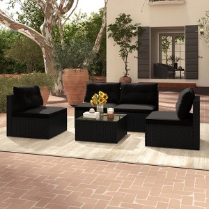 Costway 5 Piece Outdoor Furniture Set with Seat & Back Cushions Tempered Glass Tabletop Black/Blue - 1 of 4