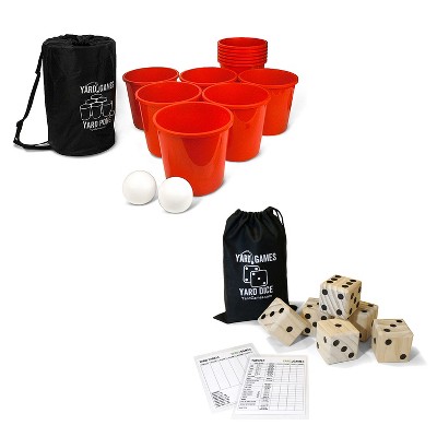 Yard Games Giant Outdoor Yard Pong Activity Party Set w/ 12 Buckets & 2 Balls Bundle w/ Giant Outdoor Indoor Wooden Dice Set w/ Scorecards & Case