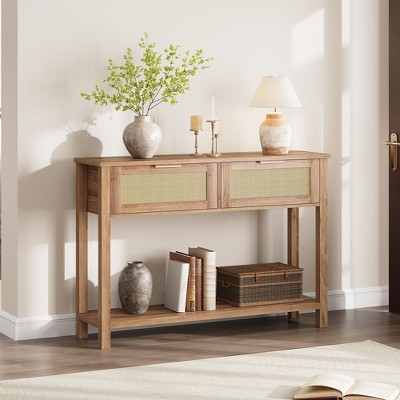 Whizmax Entryway Table, Console Table with Rattan 2 Drawers, Wood Sofa Table with Storage, Boho Console Table for Living Room Entryway