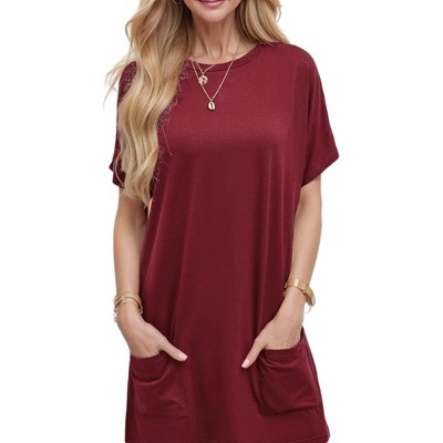 Amaryllis Women's Casual Tunic with Round Neck Short Sleeves Side Pockets Relaxed Fit Soft and Comfortable Everyday Top