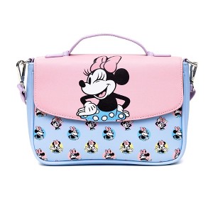 Disney Vegan Leather Fold Over Cross Body Bag for Women, Minnie Mouse Winking Pose Pink and Polka Dot Poses Baby Blue - 1 of 4
