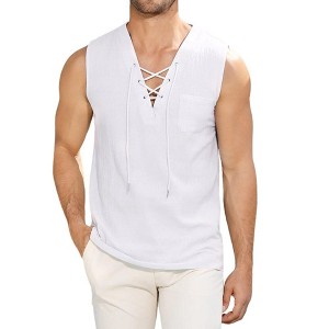 Men's Cotton Linen Tank Top Shirts Casual Sleeveless Lace Up Beach Hippie Tops Bohemian Renaissance Pirate Tunic - 1 of 4