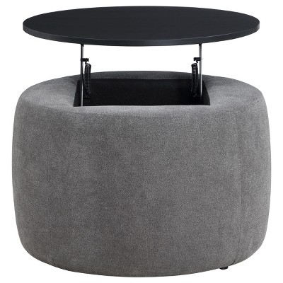 Gray and Black Round Upholstered Lift-Top Storage Ottoman