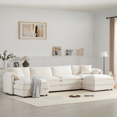 SKRAN L Shaped Cloud Chenille Modular Sectional Sofa with Double Cushions with Movable Ottoman,Indoor Furniture for Living Room