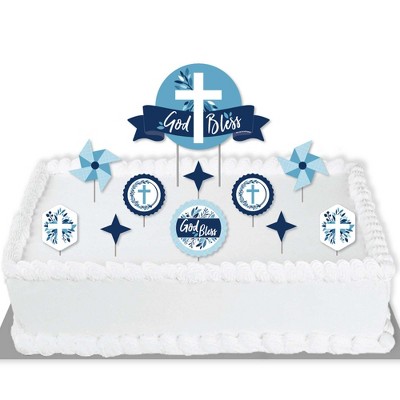 Big Dot of Happiness Blue Elegant Cross - Boy Religious Party Cake Decorating Kit - God Bless Cake Topper Set - 11 Pieces