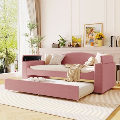 Twin Size Upholstered Daybed with Storage Armrests, Trundle and Latest Integrated Bluetooth Audio System, Teddy Fleece, Beige