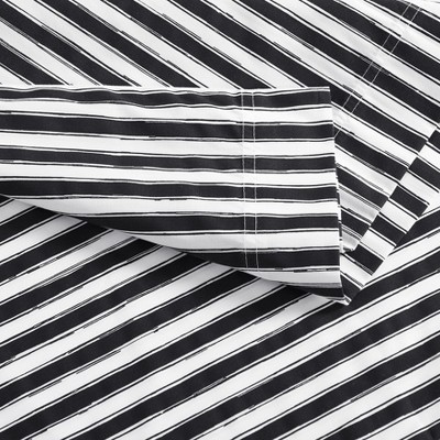 Full White and Black Cotton Percale Stripe Sheet Set