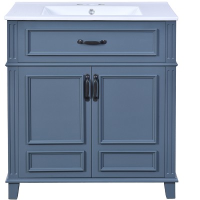 Vynxaria 30 Inch Retro Blue Single Sink Freestanding Bath Vanity with White Ceramic Top Soft Close Doors Two Drawers Groove Pattern