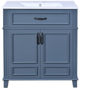 Vynxaria 30 Inch Retro Blue Single Sink Freestanding Bath Vanity with White Ceramic Top Soft Close Doors Two Drawers Groove Pattern - 1 of 4