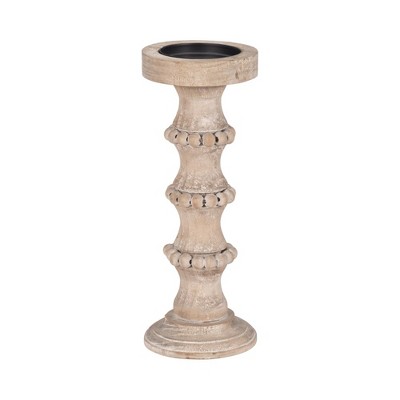 Ivory Distressed Wood Pillar Candle Holder with Beads